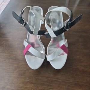 ANDREA FENZI White and Pink Strappy Ankle Buckle Heels